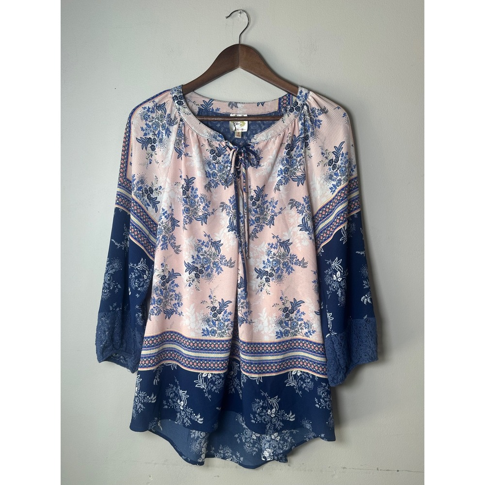🎃Fig and Flower Women Pink Navy Blue Floral Lace Back Boho Blouse Large KOK1470